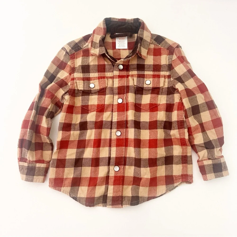 Gymboree Toddler Boy Buffalo Check Flannel Snap Button Shirt Brown Red 18-24M